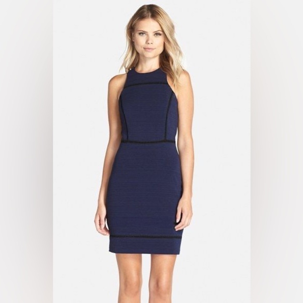 ADELYN RAE Navy Blue Black Lace Inset Racerback High Neck Bodycon Mini Dress M